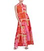 Color:Pink Multi - Image 4 - Petite Size Sleeveless Collared Neck Patchwork Print Maxi Dress