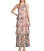 Color:Blush - Image 1 - Petite Size Sleeveless Halter Neck Tiered Skirt Floral Maxi Dress