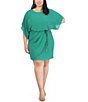 Color:Green - Image 1 - Plus Size 3/4 Sleeve Boat Neck Overlay Skirt Tie Waist Chiffon Blouson Dress