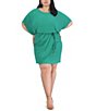 Color:Green - Image 2 - Plus Size 3/4 Sleeve Boat Neck Overlay Skirt Tie Waist Chiffon Blouson Dress