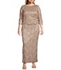 Color:Champagne - Image 1 - Plus Size 3/4 Sleeve Boat Neck Side Tuck Lace Gown