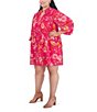 Color:Magenta - Image 3 - Plus Size Long Sleeve Mock Neck Pleated Bodice Floral Print Chiffon Shift Dress