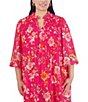 Color:Magenta - Image 4 - Plus Size Long Sleeve Mock Neck Pleated Bodice Floral Print Chiffon Shift Dress