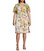 Color:Ivory Multi - Image 1 - Plus Size Short Flutter Sleeve Crew Neck Tie Waist Floral Chiffon Dress