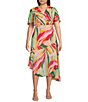 Color:Multi - Image 1 - Plus Size Short Flutter Sleeve V-Neck Asymmetrical Hem Printed Midi Dress