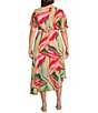 Color:Multi - Image 2 - Plus Size Short Flutter Sleeve V-Neck Asymmetrical Hem Printed Midi Dress