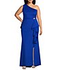 Color:Cobalt - Image 1 - Plus Size Sleeveless One Shoulder Drape Ruffle Scuba Gown