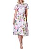 Color:Ivory Multi - Image 1 - Short Flutter Sleeve Shirred Crew Neck Tie Waist Floral Midi A-Line Dress