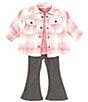 Color:Pink - Image 1 - Baby Girls 12-24 Months Long Sleeve Plaid Woven Shacket, Long Sleeve Jersey T-Shirt & Pants Set