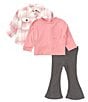 Color:Pink - Image 2 - Baby Girls 12-24 Months Long Sleeve Plaid Woven Shacket, Long Sleeve Jersey T-Shirt & Pants Set