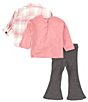 Color:Pink - Image 3 - Baby Girls 12-24 Months Long Sleeve Plaid Woven Shacket, Long Sleeve Jersey T-Shirt & Pants Set