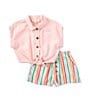 Color:Light Pink - Image 1 - Baby Girls 12-24 Months Short Sleeve Button Down Linen Blend Top & Stripe Short Set