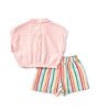 Color:Light Pink - Image 2 - Baby Girls 12-24 Months Short Sleeve Button Down Linen Blend Top & Stripe Short Set