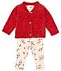 Color:Red - Image 1 - Baby Girls Newborn-9 Months Long Sleeve Solid Cardigan, Long Sleeve Printed Bodysuit & Printed Leggings Set