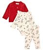 Color:Red - Image 2 - Baby Girls Newborn-9 Months Long Sleeve Solid Cardigan, Long Sleeve Printed Bodysuit & Printed Leggings Set