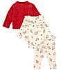 Color:Red - Image 3 - Baby Girls Newborn-9 Months Long Sleeve Solid Cardigan, Long Sleeve Printed Bodysuit & Printed Leggings Set