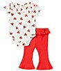 Color:Red - Image 1 - Baby Girls Newborn-9 Months Short Sleeve Valentine's Day Heart Printed Bodysuit & Solid Flare Leg Pants Set