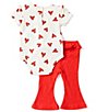 Color:Red - Image 2 - Baby Girls Newborn-9 Months Short Sleeve Valentine's Day Heart Printed Bodysuit & Solid Flare Leg Pants Set