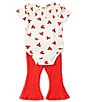 Color:Red - Image 3 - Baby Girls Newborn-9 Months Short Sleeve Valentine's Day Heart Printed Bodysuit & Solid Flare Leg Pants Set