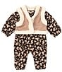 Color:Brown - Image 1 - Baby Girls Newborn-9 Months Sleeveless Faux Fur Trimmed Vest & Printed Coveralls Set