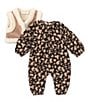 Color:Brown - Image 2 - Baby Girls Newborn-9 Months Sleeveless Faux Fur Trimmed Vest & Printed Coveralls Set