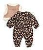 Color:Brown - Image 3 - Baby Girls Newborn-9 Months Sleeveless Faux Fur Trimmed Vest & Printed Coveralls Set