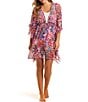 Color:Pink Multi - Image 1 - French Exit Chiffon Print Frill Side Swim Cover-Up
