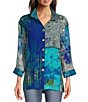 Color:Abstract Multi - Image 1 - Abstract Patch Print Wire Collar Long Sleeve Woven Button Front Tunic