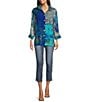 Color:Abstract Multi - Image 4 - Abstract Patch Print Wire Collar Long Sleeve Woven Button Front Tunic