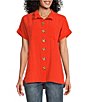 Color:Orange Crush - Image 1 - Crinkle Short Dolman Sleeve Point Collar Button Front Shirt