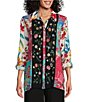 Color:Floral Multiple - Image 1 - Embroidered Multi-Print Point Collar Button Front Long Roll Tab Sleeves Top