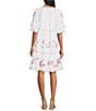 Color:White - Image 2 - Embroidered Short Sleeve Knee Length Dress With Tassel Ties