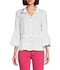 Color:White - Image 1 - Embroidered Woven Wire Collar 3/4 Flounce Sleeve Button-Front Blouse