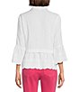 Color:White - Image 2 - Embroidered Woven Wire Collar 3/4 Flounce Sleeve Button-Front Blouse