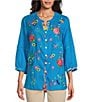 Color:Turquoise - Image 1 - Floral Embroidered Round Neck 3/4 Sleeve Button-Front Tunic