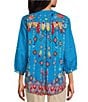 Color:Turquoise - Image 2 - Floral Embroidered Round Neck 3/4 Sleeve Button-Front Tunic