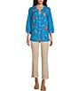 Color:Turquoise - Image 3 - Floral Embroidered Round Neck 3/4 Sleeve Button-Front Tunic