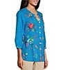 Color:Turquoise - Image 4 - Floral Embroidered Round Neck 3/4 Sleeve Button-Front Tunic