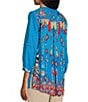 Color:Turquoise - Image 5 - Floral Embroidered Round Neck 3/4 Sleeve Button-Front Tunic