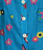Color:Turquoise - Image 6 - Floral Embroidered Round Neck 3/4 Sleeve Button-Front Tunic
