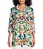 Color:Multiple - Image 1 - Humming Bird Print Wire Collar Roll-Tab Sleeve Button Front Tunic