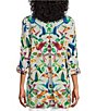 Color:Multiple - Image 2 - Humming Bird Print Wire Collar Roll-Tab Sleeve Button Front Tunic