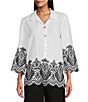 Color:White - Image 1 - Linen Blend Embroidered Eyelet Point Collar 3/4 Sleeve Tunic