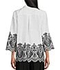Color:White - Image 2 - Linen Blend Embroidered Eyelet Point Collar 3/4 Sleeve Tunic