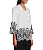 Color:White - Image 3 - Linen Blend Embroidered Eyelet Point Collar 3/4 Sleeve Tunic