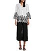 Color:White - Image 5 - Linen Blend Embroidered Eyelet Point Collar 3/4 Sleeve Tunic