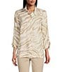 Color:Neutral Animal - Image 1 - Linen Blend Zebra Print Wire Collar 3/4 Cinched Tie Sleeve High-Low Hem Button-Front Tunic