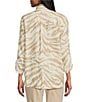 Color:Neutral Animal - Image 2 - Linen Blend Zebra Print Wire Collar 3/4 Cinched Tie Sleeve High-Low Hem Button-Front Tunic