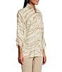 Color:Neutral Animal - Image 3 - Linen Blend Zebra Print Wire Collar 3/4 Cinched Tie Sleeve High-Low Hem Button-Front Tunic