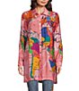 Color:Multiple - Image 1 - Map Print Point Collar Button Front Long Roll-Tab Sleeve Tunic